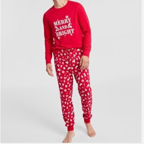 Macys Pajama Set Mens XL Red MERRY AND BRIGHT Holiday Festive Lounge Comfy Cozy - Picture 1 of 9